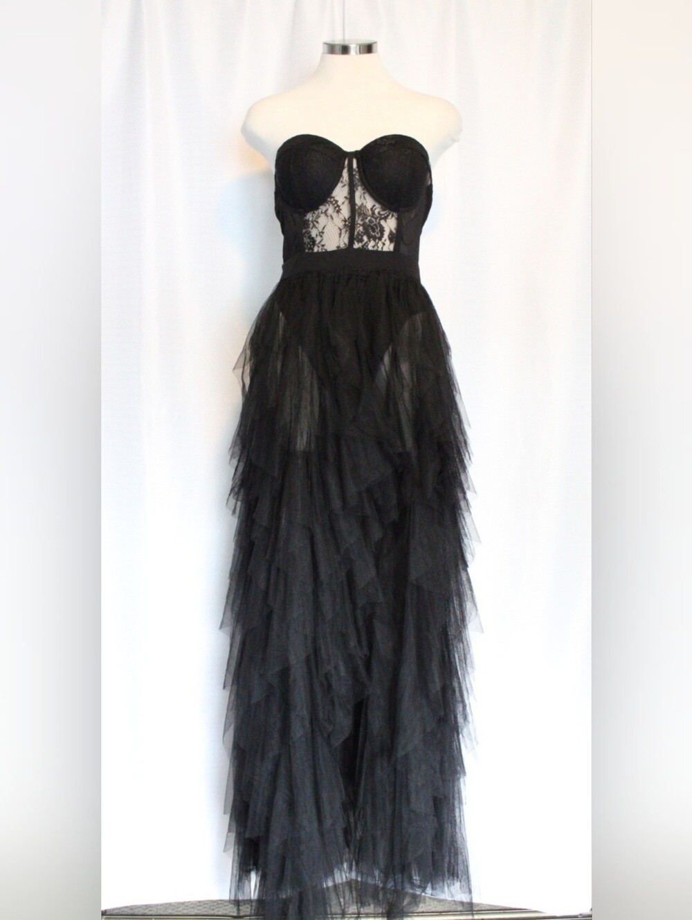 Fashion Nova Black Lace Tulle Corset Bodysuit Maxi Dress Size M